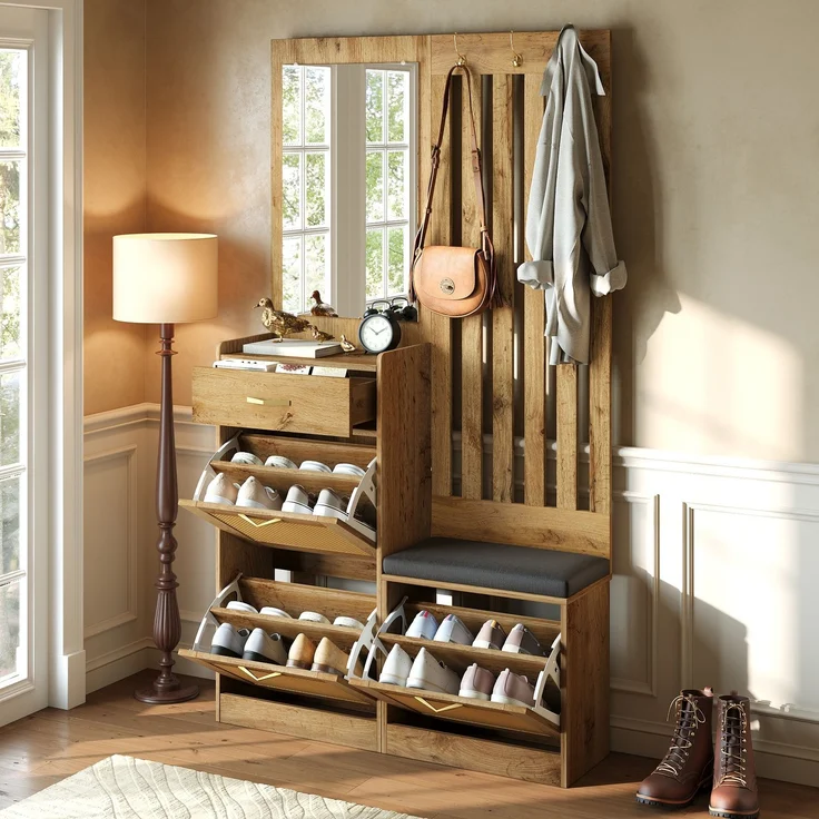 Faumrta Kompaktgarderobe mit Spiegel und Sitzbank,Flurgarderobe mit Schuhschrank und Haken, Kleiderhaken,Flurmöbel Set,Flurgarderobe. 99.5CM*26CM*180CMNaturalMDF (Medium-Density-Faserplatte) – Bild 10