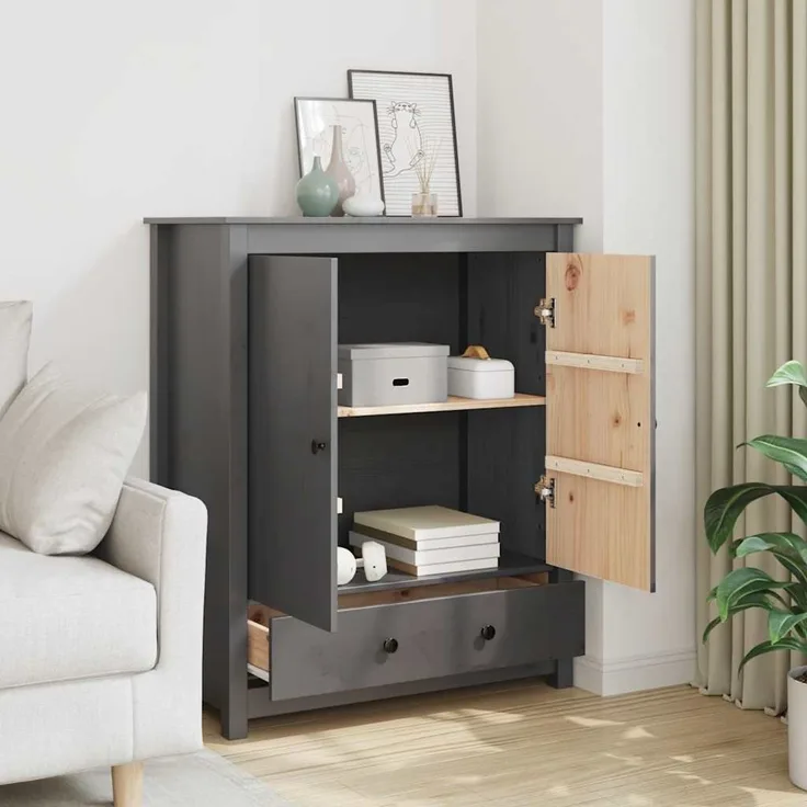 Highboard, BuffetSchrank, Büroschrank Grau 83 x 41,5 x 100 cm Massivholz Kiefer