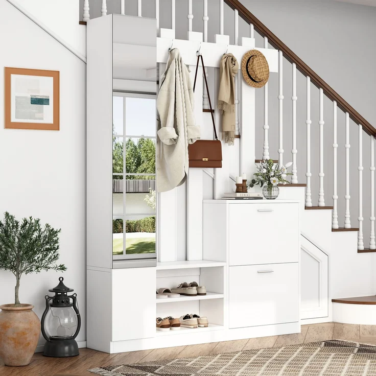 135*25*180cm Garderoben-Set mit Spiegel, Flurschrank, Hängeschrankregal, Kompaktgarderobe, Mit 2 unteren Klapptüren-Schuhschränken + 2 Aufbewahrungsschränke, Geeignet für Türöffnungen, Flure,Weiß--Weiß--135x25x180cm--YOUDENOVA – Bild 2