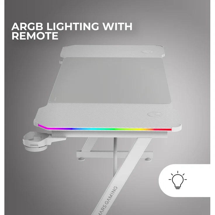 Mars Gaming MGD-X140RGB, Ergonomischer Gaming-Tisch, ARGB-Beleuchtung mit Fernbedienung, Carbonfaser, XXL-Mauspad, Kopfhörer und Getränkehalter, Kabelmanagement, Gaming-Schreibtisch 140x60 cm, Weiß – Bild 2