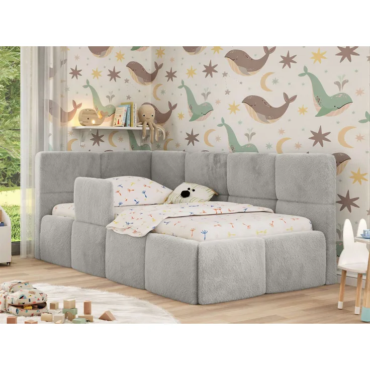 Jugendbett, Kinderbett mit Kopfteil ARVO ALTA 90x200 cm, Polsterbett mit Stauraum, hoher Schlafkomfort - Hellgrau Plüsch - Links