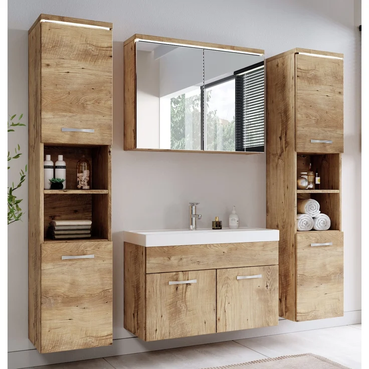 Badplaats Badmöbel Komplettset Paso XL LED 80x40 cm Kastanien Eiche - Badezimmermöbel mit Waschbecken, Spiegelschrank und 2 Badezimmerschränke – Bild 2