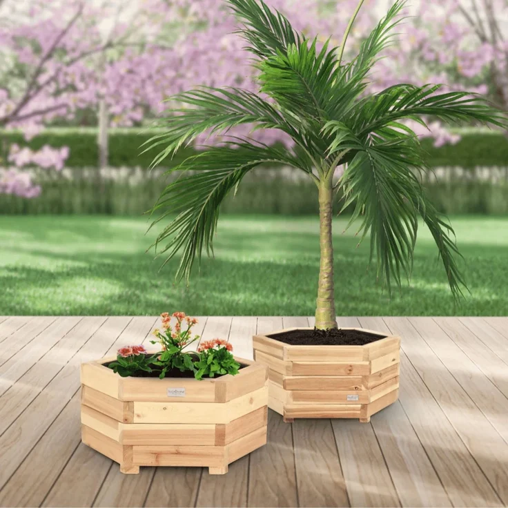 Pflanzkasten Holz 6-eckig MICHA - Inkl. Vlies und Handschuhe | Pflanzkübel Tannenholz Blumenkasten Blumenkübel Blumentopf Terrasse, 46cm Breit – Bild 7