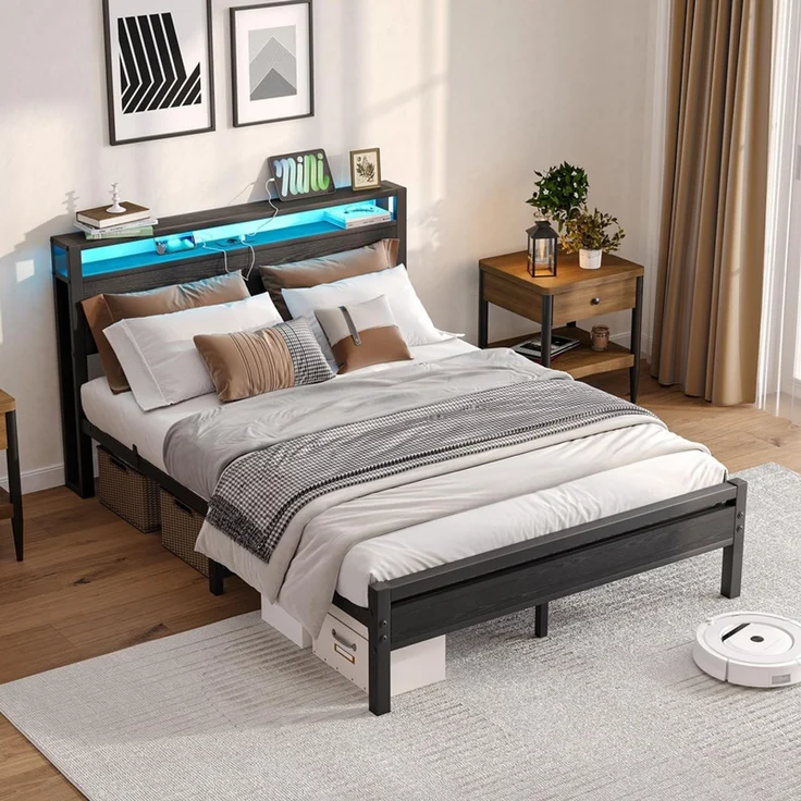 Homerecommend Metallbett 140x200 cm, Doppelbett und Jugendbett, mit LED-Beleuchtung, Steckdose und 2 USB-Anschlüssen, Vintage Schwarz – Bild 3
