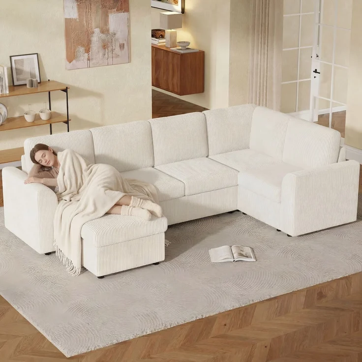 Ecksofa 282x153x85 cm aus Cord in Beige mit Schlaffunktion und Stauraumhocker – Bild 4