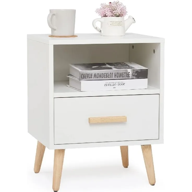 Mondeer Nachttisch, Nachtschrank mit 1 Schublade und 1 Offenem Fach, Holz Modern Nachtkommode mit Massivholzfüßen, Beistelltisch für Schlafzimmer Wohnzimmer, 40 x 30 x 51 cm, Weiß