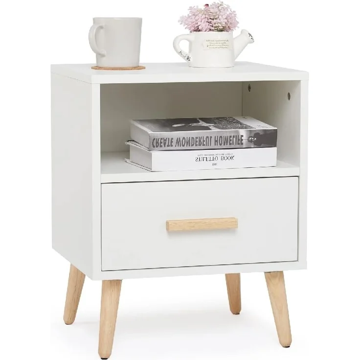 Mondeer Nachttisch, Nachtschrank mit 1 Schublade und 1 Offenem Fach, Holz Modern Nachtkommode mit Massivholzfüßen, Beistelltisch für Schlafzimmer Wohnzimmer, 40 x 30 x 51 cm, Weiß – Bild 1