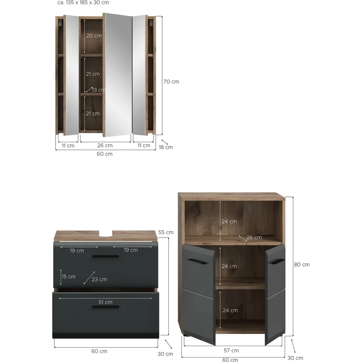 Badkombination (B/H/T: 135x185x30 cm) in schwarz matt und Nox Oak Nachbildung – Bild 4