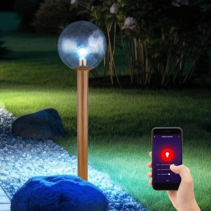 RGB LED Außenleuchte Stehlampe, Glas Holzoptik , H 100 cm – Bild 2