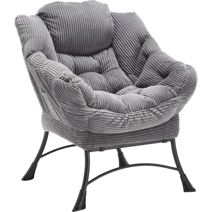 Flieks Loungesessel mit Hocker, ergonomischer Ohrensessel mit Stahlrahmen, weicher Cordstoff, Seitentasche, Grau – Bild 10