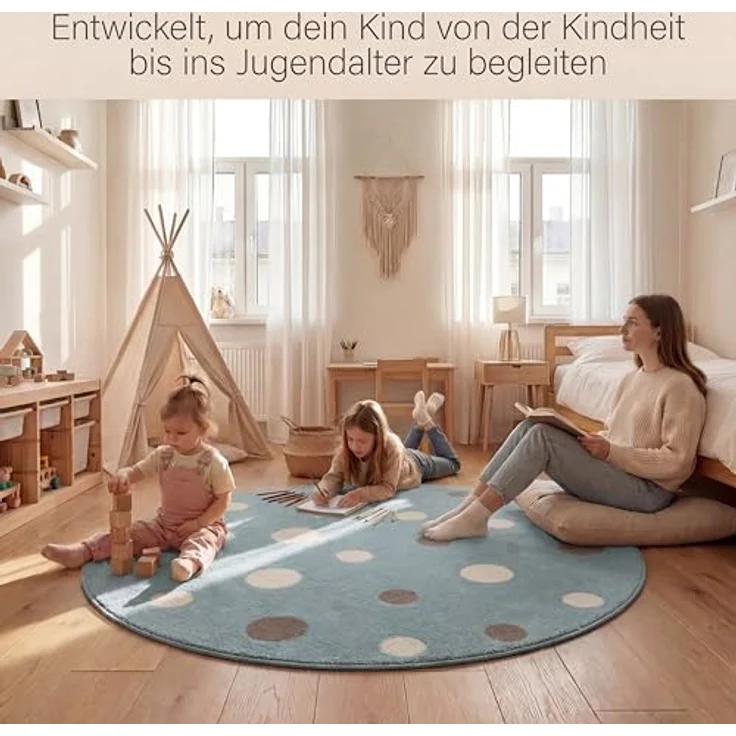Jimri Kinderteppich DOTS l Pünktchen Gepunktet | Kinderzimmer/Jugendzimmer (Mint, Ø 120 cm Rund) – Bild 8