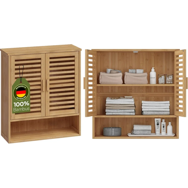Bellamio 'Newa' Badezimmer Hängeschrank, Bambus, natur, 66x21x59 cm, Badezimmerschrank mit 3 Ablagefächern – Bild 1