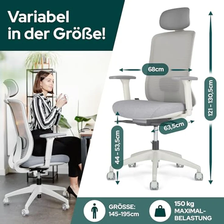 SCHEKKA ErgoPrime Pro Bürostuhl, ergonomisch, IGR Zertifiziert, 100% individuell einstellbar, für 150 kg, grau, Testsieger – Bild 1