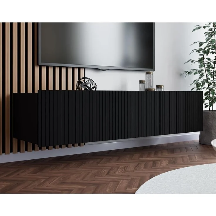 Lomadox Lowboard KEMPTEN-132, in schwarz matt, Rillenfront, 2-türig, 150 cm breit, Softclose – Bild 5