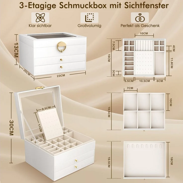 POPOLIC Schmuckkassette 3-stöckige Schmuckschatulle mit Deckel, Einteilern und Tragegriff – Bild 3