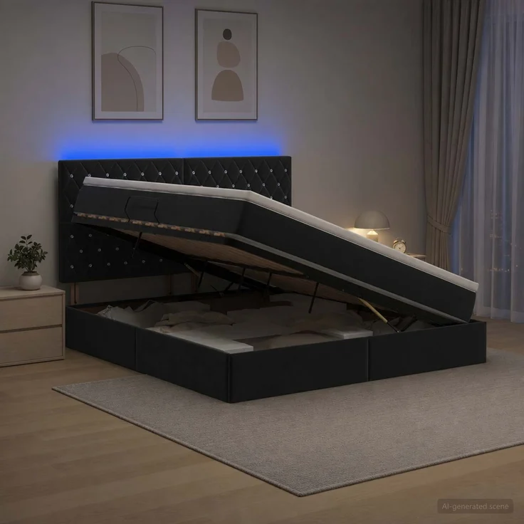 vidaXL LED-Speicherbett mit Matratze Schwarz 160 x 200 cm Samt 3460082 – Bild 1