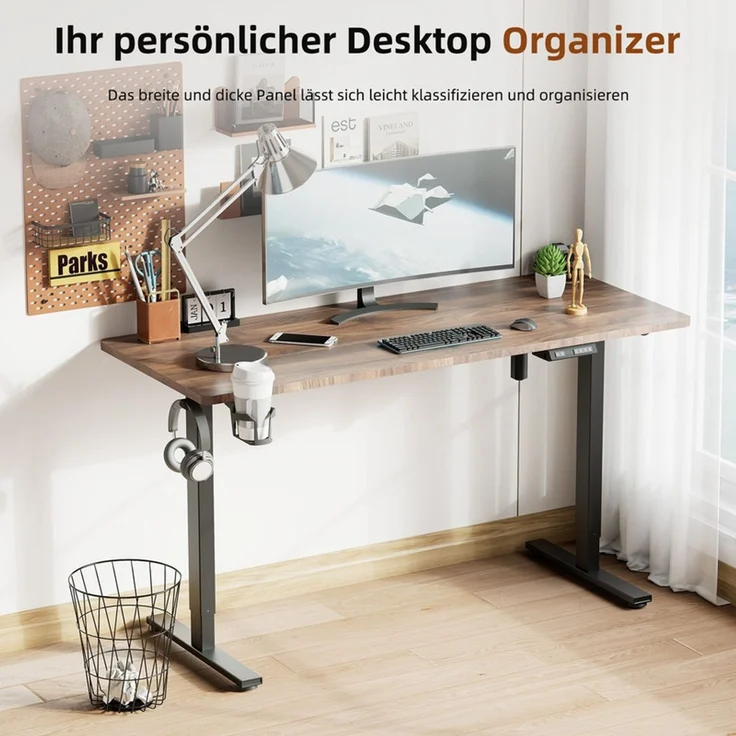 HOMAVO höhenverstellbarer Schreibtisch 60×120 cm, mit Memory- und Anti-Kollisionsfunktion, USB-A- und USB-C-Anschlüssen, Höhe 70–120 cm, Nussbaum – Bild 2