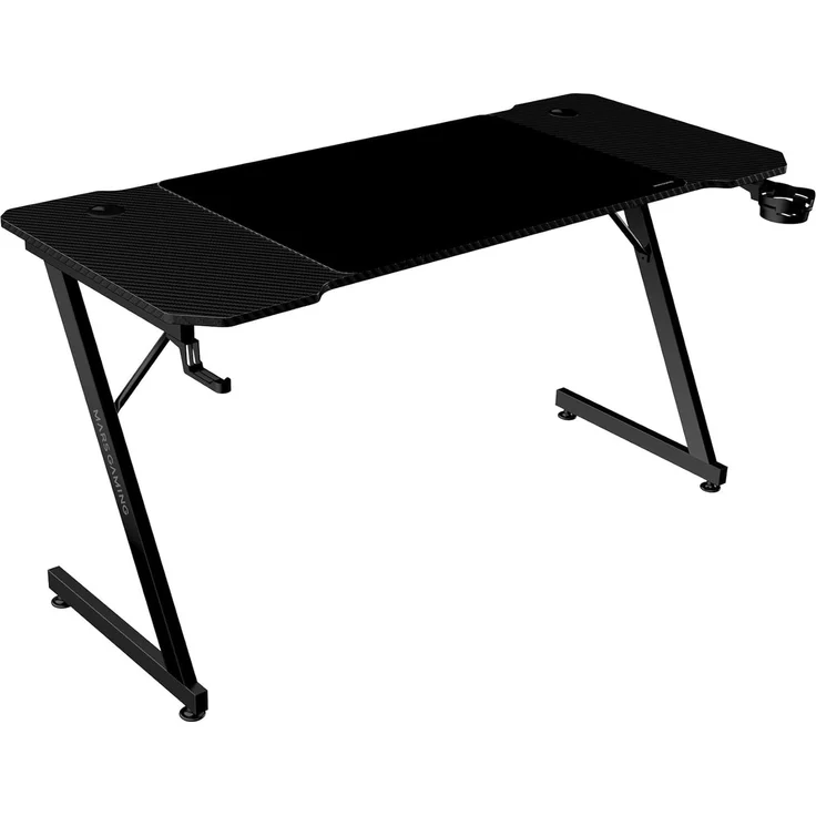 Mars Gaming MGD-X140, Gaming-Schreibtisch Ergonomisch, Oberfläche aus Karbonfaser, Metallrahmen, XXL-Mauspad, Kopfhörer- und Getränkehalterung, Kabelmanagement, Gaming-Tisch 140x60 cm, Schwarz