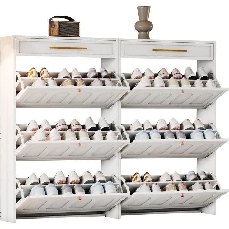 ZUBALIYA Schuhschrank (140 x 25 x 123,5 cm), 2 Schubladen, Verstellbare Einlegeböden, Stauraum für Flur und Eingangsbereich, Weiß – Bild 12