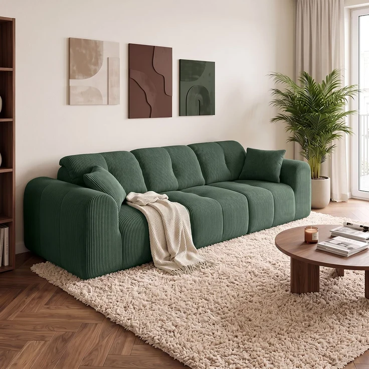 skølm 'Vanaheim' Sofa 3 Sitzer mit 2 Kissen, Cloud Sofa dunkelgrün, Cord, Vollschaumcouch mit Federkern und Vakuum-Kompression, kein Aufbau erforderlich – Bild 5