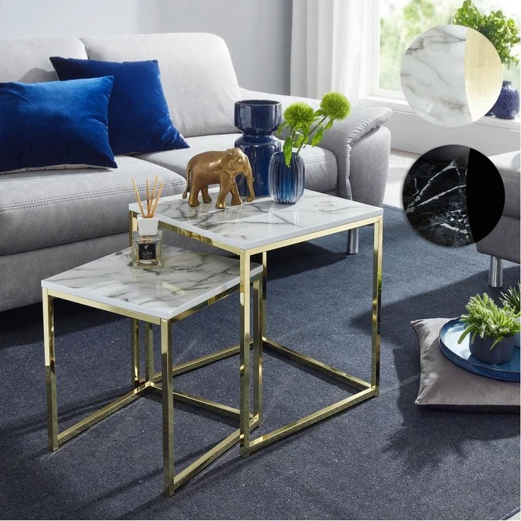 FINEBUY Satztisch FB24018 (2er Set Weiß Marmor Optik Eckig, Beistelltisch), Couchtisch 2-teilig, Anstelltisch Modern Klein – Bild 5