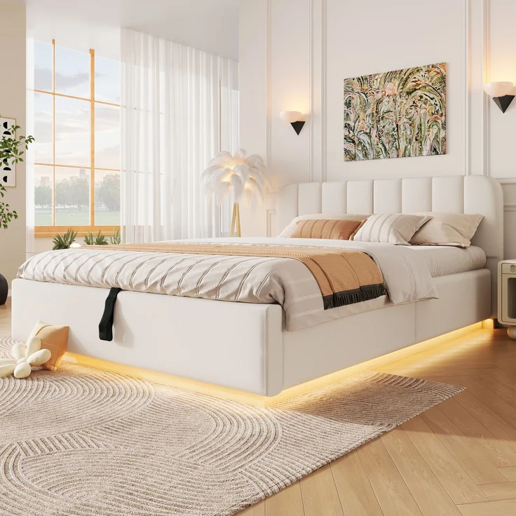 Polsterbett, Doppelbett, 140 x 200 cm, Bett mit Lattenrost, Kopfteil, Gepolstertes Kopfteil, Hydraulische Lagerung, Mit LED-Lichtleiste, Ohne Matratze, Beige Chenille – Bild 2