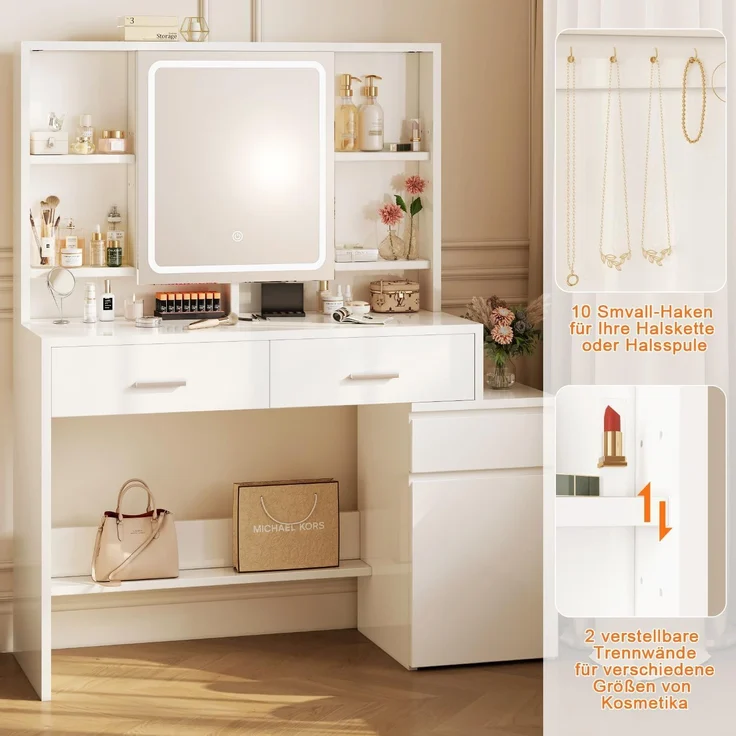 JUMMICO Schminktisch mit LED Spiegel Beleuchtung (3 Helligkeiten & 3 Farbtemperaturen), Großer Kosmetiktisch mit 6 Fächern, 2 Schubladen, Seitenschrank & Ablagefläche, 117 x 40 x 140 cm, Weiß – Bild 4