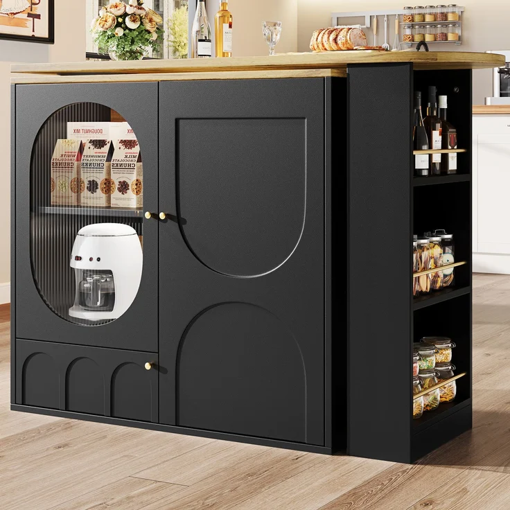 Kücheninsel Stehtisch 204x39x105cm MDF Metall Barwagen Aufbewahrung Drehtisch,Schwarz & Natur – Bild 4