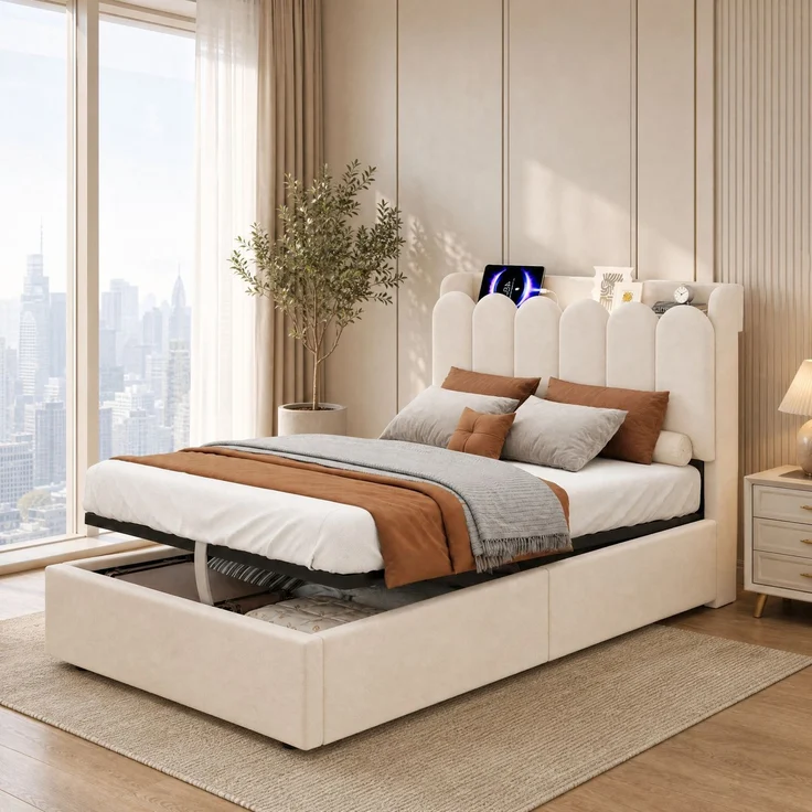 CHICFURN Polsterbett aus Samt, Beige, 90x200 cm, mit Stauraum und USB- und Type-C-Anschlüssen, mit Lattenrost – Bild 2
