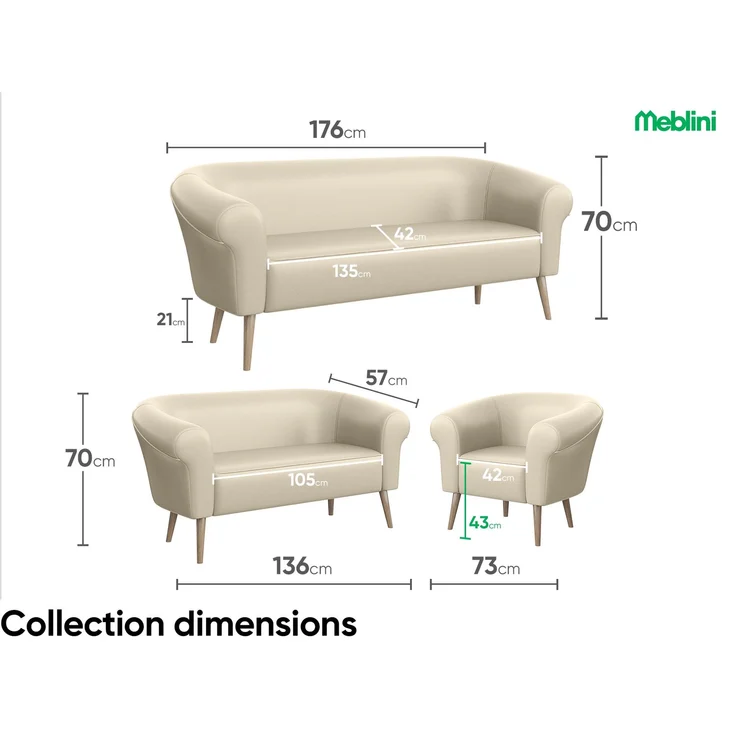 MEBLINI Sofa-Set EMILIA 3+2+1 - Creme Kunstleder - für Wohnzimmer - Mini Lounge für sechs Personen - Küchensofa - Sofa Klein - Sitzgarnitur - Polstergarnitur - Sofagarnituren – Bild 7