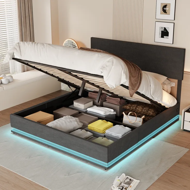 LVHOM Polsterbett mit USB-Anschluss und LED-Beleuchtung, Nadelstreifen Bettgestell, Polsterbett/Doppelbett/Stauraumbett/Boxbett, Weicher, hautfreundlicher Samtstoff, Integriertes Hydrauliksystem, 140 x 200 cm