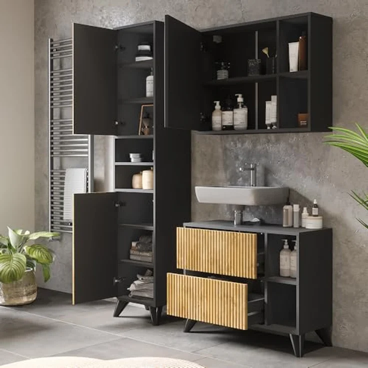 Vichy Badmöbel-Set Leano, 3-teilig, Anthrazit/Bergeiche, mit Waschbeckenunterschrank und Spiegelschrank, 80 cm – Bild 5