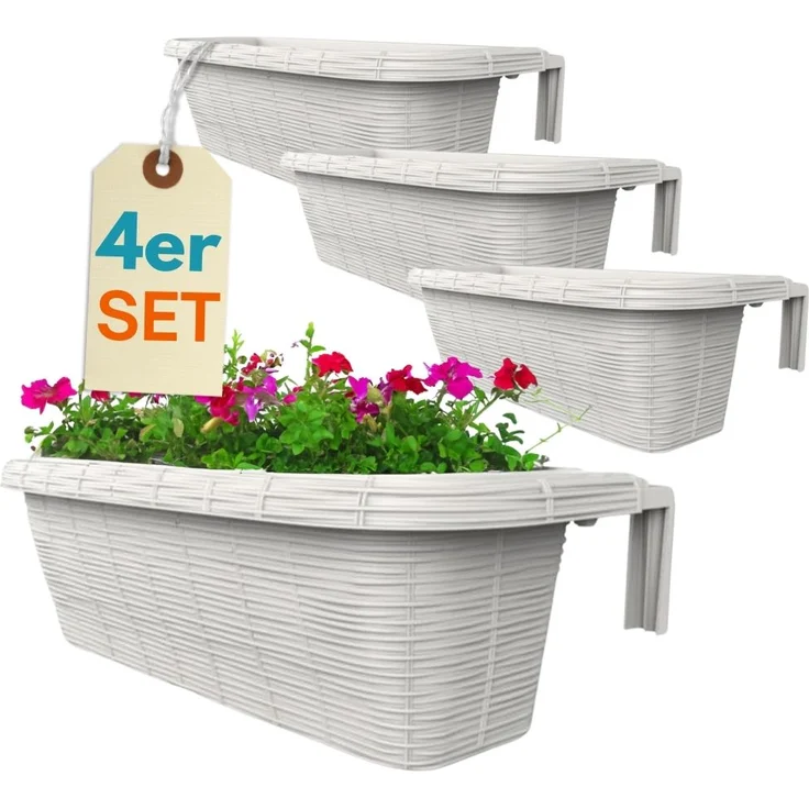 GarPet Balkonkasten 4er Set Blumen Kasten Balkon Geländer Wasserspeicher Rattan Weiß 60 cm – Bild 1