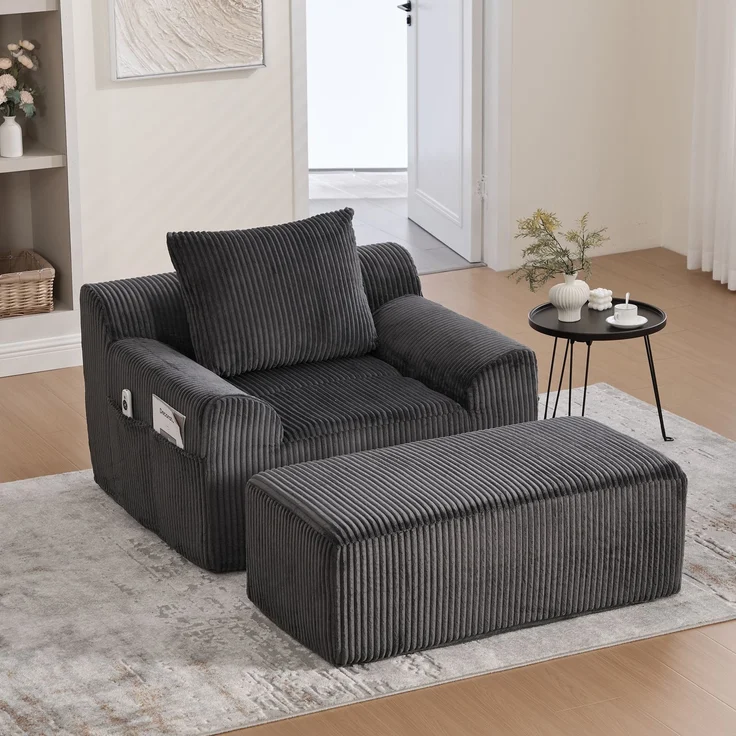 Sessel 147x110x67 cm Kordsamt Dunkelgrau mit Fußpedal und Seitentaschen, übergroßer gepolsterter Lesesessel – Bild 4