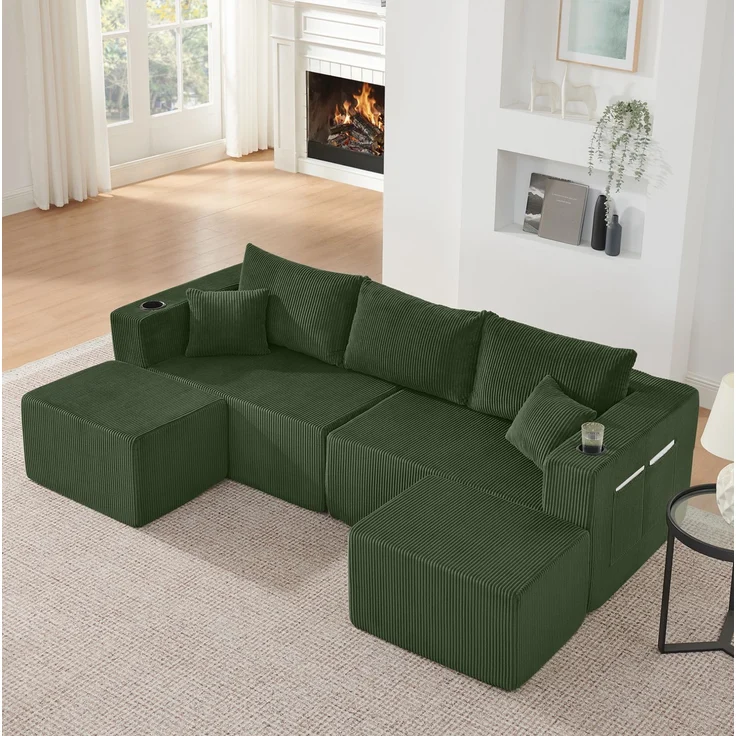 DESVIAE Sofa modular mit 2 Ottomanen und Getränkehaltern aus Schaumstoff mit Cordbezug Grün, 138 x 230 x 75 cm – Bild 2