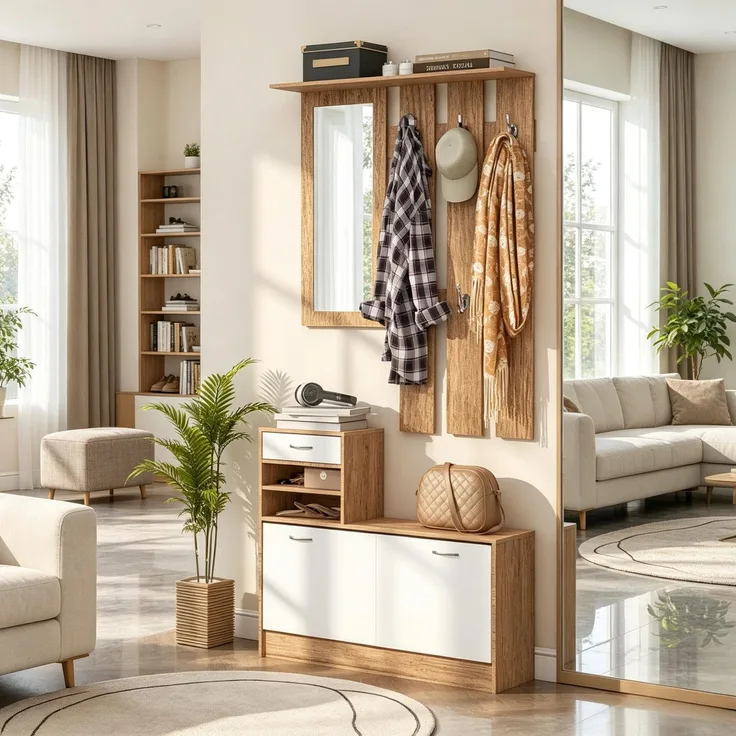 Flur Garderobenmöbel mit Kleiderhakenpaneel, Spiegel und Schuhbank, 6 Kleiderhaken und verstellbares Regalbrett--Walnuss, Weiß--90x10x91cm--YOUDENOVA