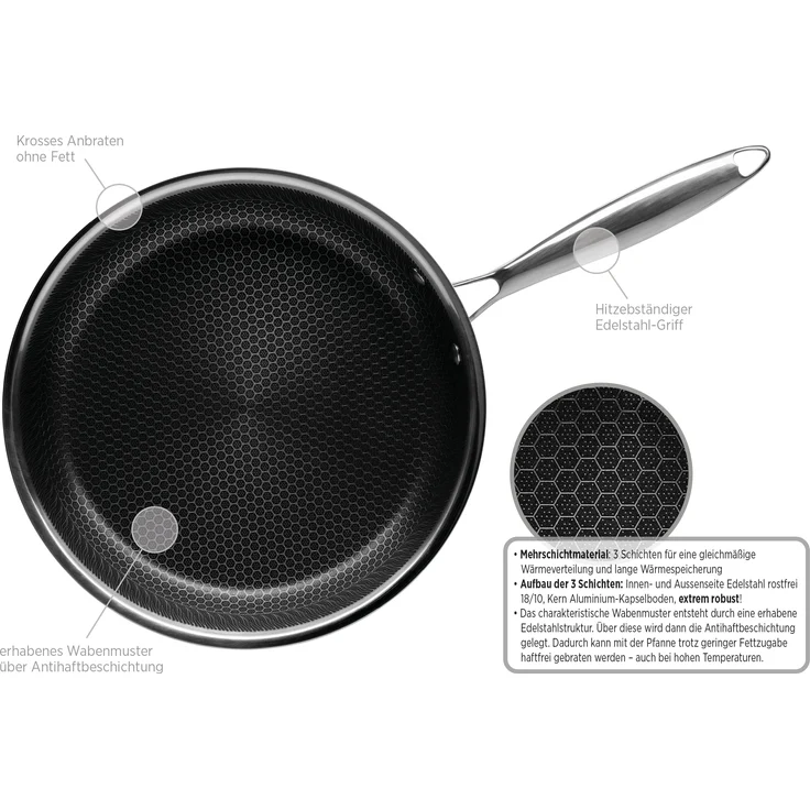 MÄSER Hestia, antihaft beschichtete Bratpfanne 28 cm, hochwertige Wabenbeschichtung, Mehrschichtmaterial für beste Wärmeverteilung, geeignet für Induktion, Edelstahl – Bild 5