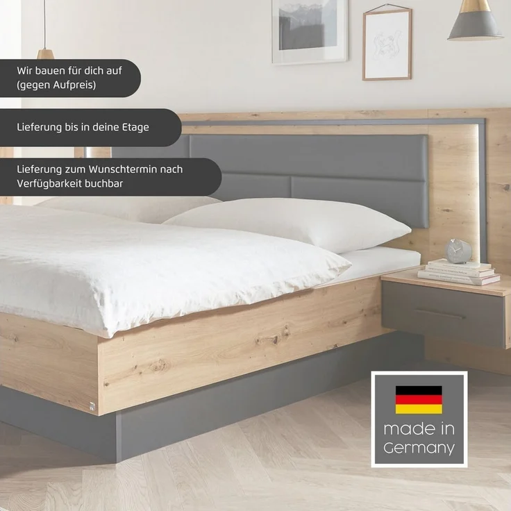 rauch Bettanlage Bett Doppelbett Komortbett BILBAO-EXTRA, (Set, 3-tlg, Liegefläche 160x200 oder 180x200 cm), Polster-Kopfteil in Lederoptik basalt, mit Beleuchtung MADE IN GERMANY – Bild 2