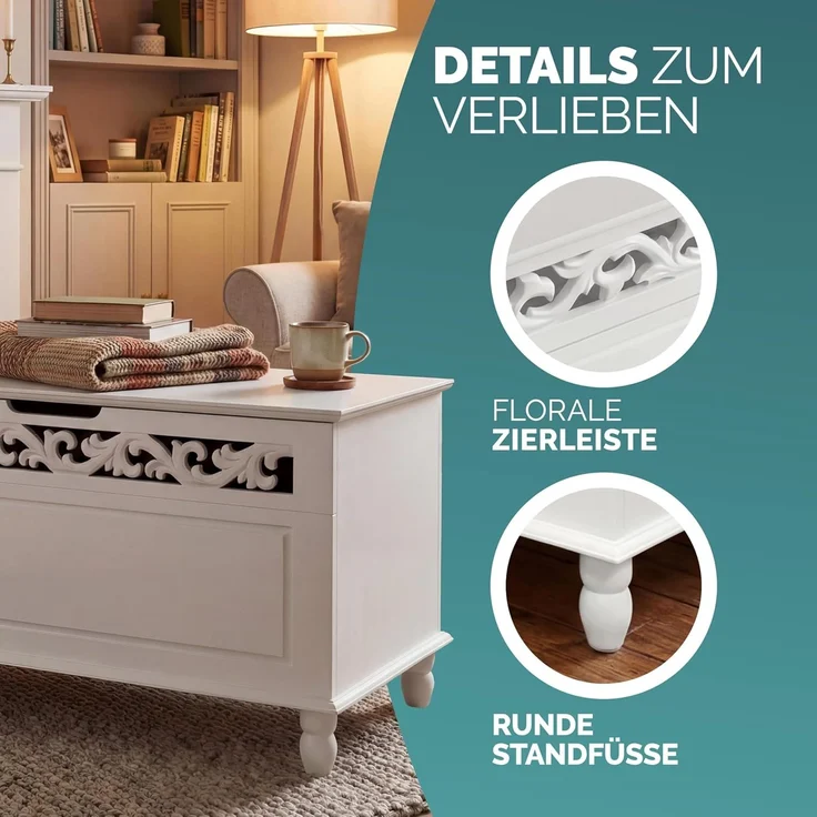 Deuba Holztruhe Jersey Mit Stauraum Klappbarer Deckel 80 x 40 x 48 cm Groß Holz Sitztruhe Truhenbank Couchtisch Truhe Weiß – Bild 6