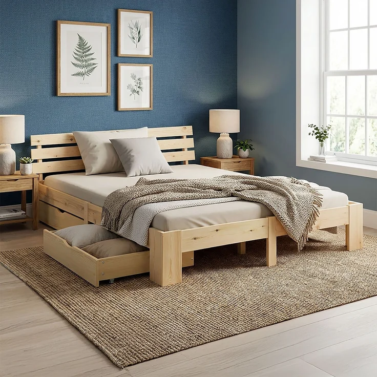 Holzbett 140x200 cm mit Federkernmatratze & 2 Bettkästen Doppelbett Bett Holzbettrahmen Natur Massiv Holz Lattenrost – Bild 2