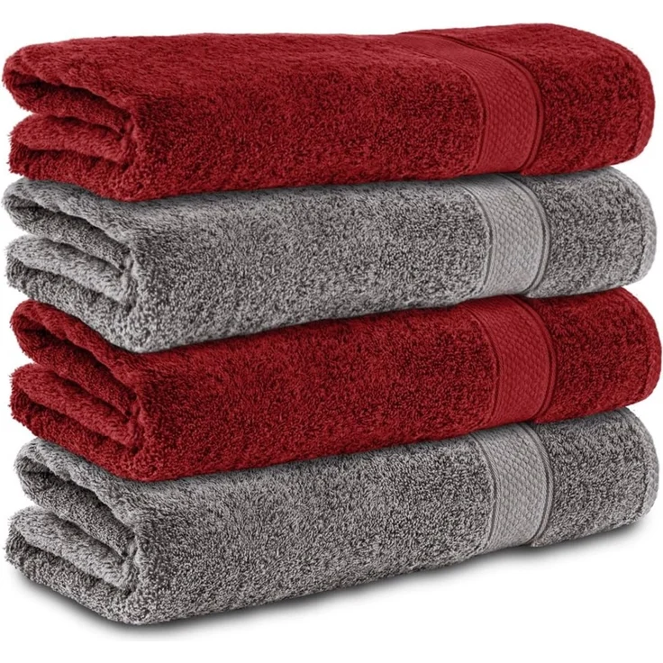 Komfortec 4er Duschtücher Set 70x140 cm aus 100% Baumwolle | Frottee, Weich und Saugstark, Badetücher für Bad und Dusche, Anthrazit Grau/Aurorarot