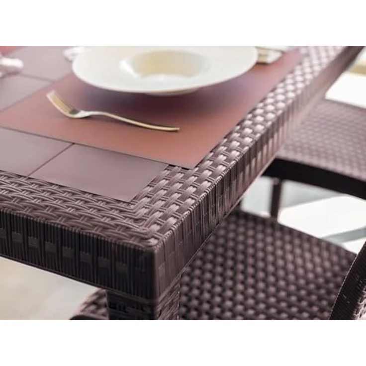 Dmora - Tisch im Freien Giove, rechteckiger GartenRegal, Mehrzweck-Gartentisch in Rattan-Optik, 100% Made in Italy, 150x90h74 cm, Braun – Bild 5