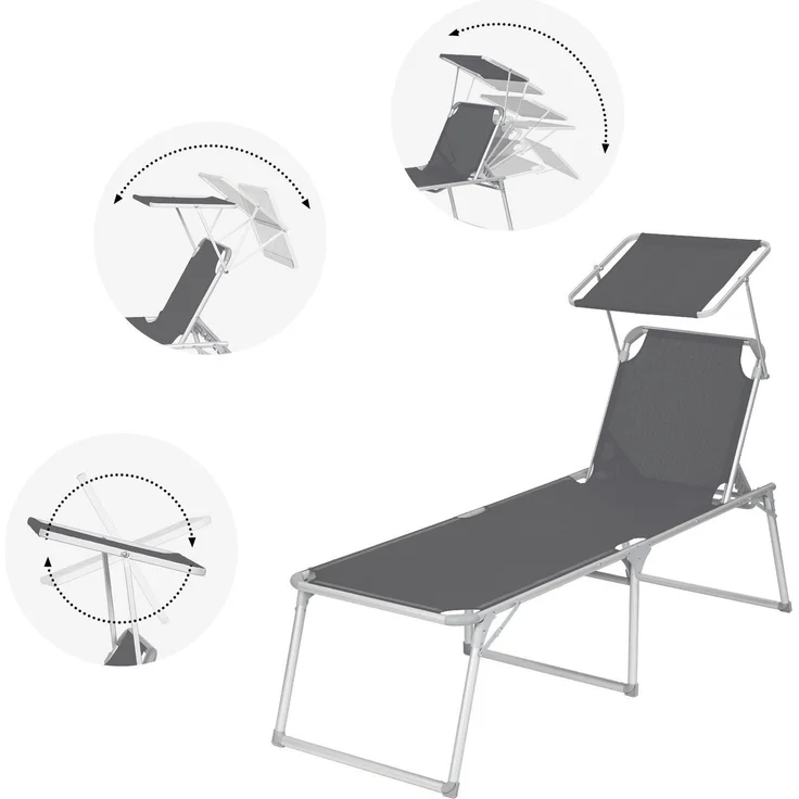 SONGMICS klappbare Sonnenliege, 65 x 200 x 48 cm, bis 150 kg belastbar, Liegestuhl, Gartenliege, extra groß, mit Sonnendach, Rückenlehne verstellbar, dunkelgrau GCB26GY – Bild 4