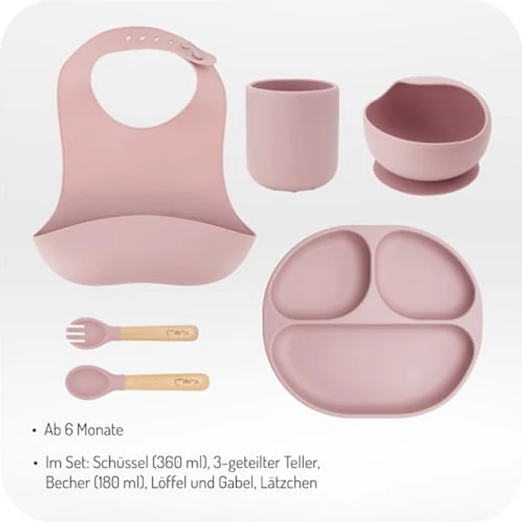 MoMi Kindergeschirr mit Essbesteck AMI, 6-teiliges Set: Lätzchen, Löffel, Gabel, Teller, Schüssel 360 ml, Becher 180 ml, aus Silikon, spülmaschinenfest und mikrowellengeeignet – Bild 8