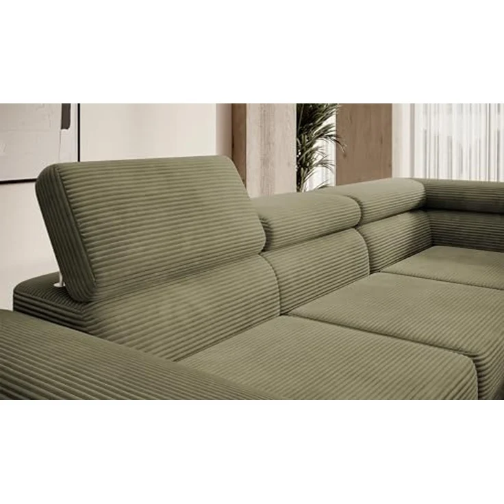 Selsey STEVIL - Ecksofa L-Sofa mit Schlaffunktion, Bettkasten, Ottomane rechts, Cordbezug Olivgrün – Bild 6