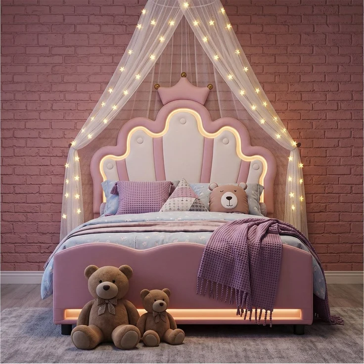 oyajia Polsterbett LED Kinderbett mit krone-Form Prinzessinnenbett (PU-Leder material Polsterbett mit Lattenrost und verstellbares gepolstertes Kopfteil), Modernes Jugendbett, Leises Design, Einfach zu montieren und stabil – Bild 4