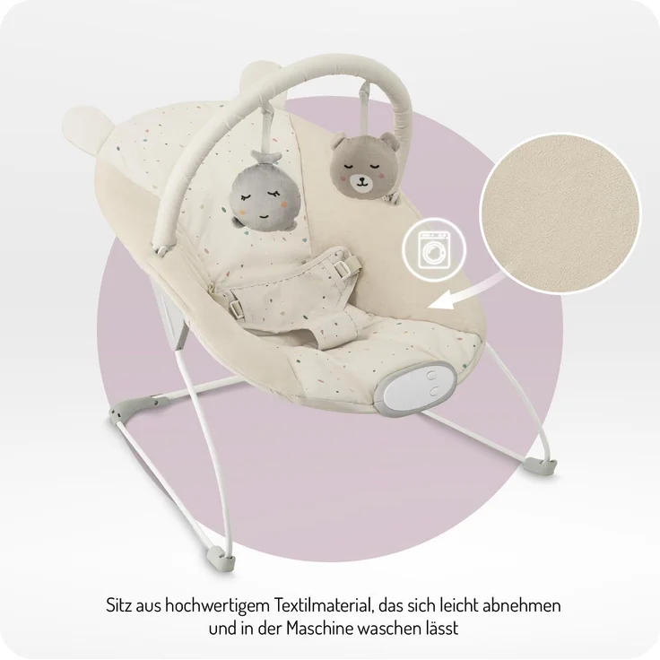 MoMi GLOSSY Babywippe für Babys bis 9 kg, 3-Punkt-Sicherheitsgurt, Metallgestell mit Antirutsch-Füßchen, Gewicht 1,7 kg, Abmessungen 58 x 49 x 53 cm, sensorisches Modul für Kinderförderung – Bild 5