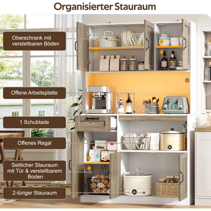 Küchenschrank 110 x 40 x 180 cm mit RGB-LED-Beleuchtung und vielseitigem Stauraum – Bild 9
