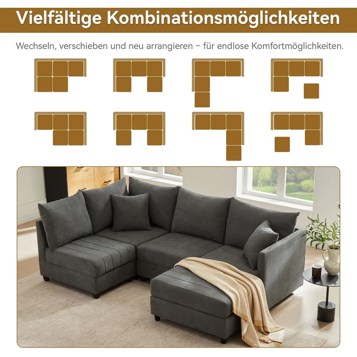 ZUBALIYA Modulare Wohnlandschaft, modular kombinierbar, mit Hocker, H 85 × T 194 × B 220 cm, Grau, Leinenoptik – Bild 7
