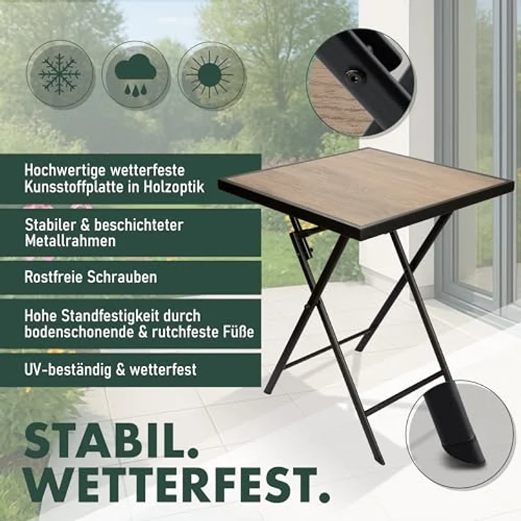 BRUBAKER Gartentisch Bergamo - 58 x 58 cm Balkontisch mit Holz Optik - Wetterfest (1-St, Klapptisch für Balkon, Terrasse - Bistrotisch), Metall Beistelltisch klappbar - Campingtisch eckig – Bild 5